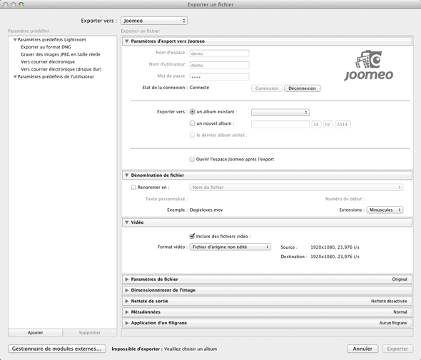 Interface du plugin Lightroom de Joomeo.