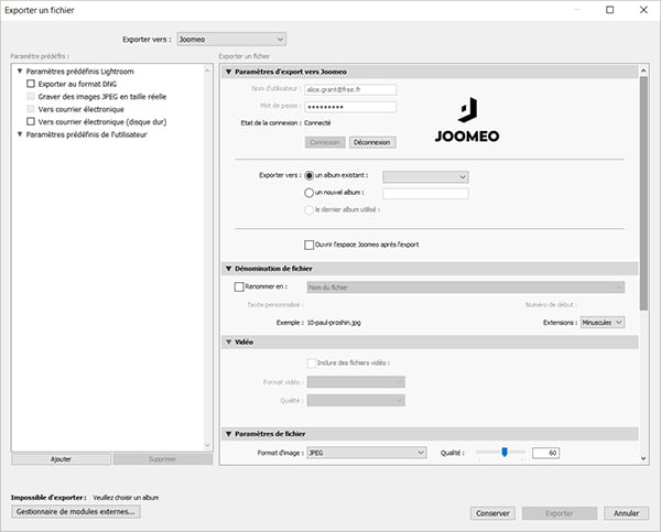 Configuring the publishing service from Lightroom to Joomeo